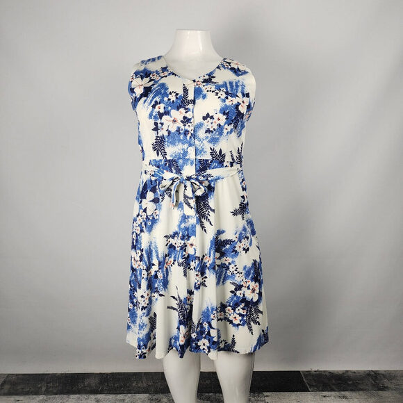 Vintage Dresses & Skirts - Vintage Blue Floral Button Up Sleeveless Dress Size M/L